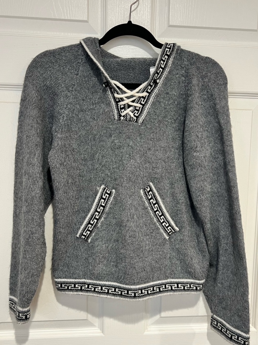 100% Alpaca Gray Cozy Lace-Up Sweater with Contrast Trim